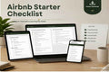 Airbnb Starter Checklist printable PDF cover photo showing the checklist on laptop, tablet, and phone screens